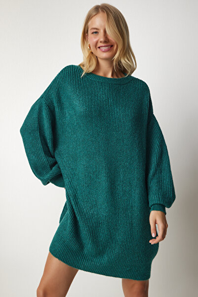Lovelyİstanbul Πλεκτό πουλόβερ Emerald Green Oversize - Long Basic Model Lbv0012