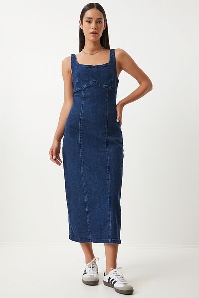 Lovelyİstanbul Rochie midi din denim cu bretele albastre - Lok0001