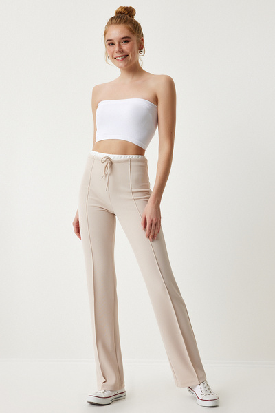Lovelyİstanbul Cream Color Contrast Double Waist Knitted Trousers - Lrv0007