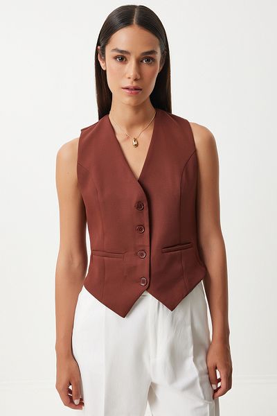 Lovelyİstanbul Brown Crop Woven Vest - Fitting on the Body, Lto0003