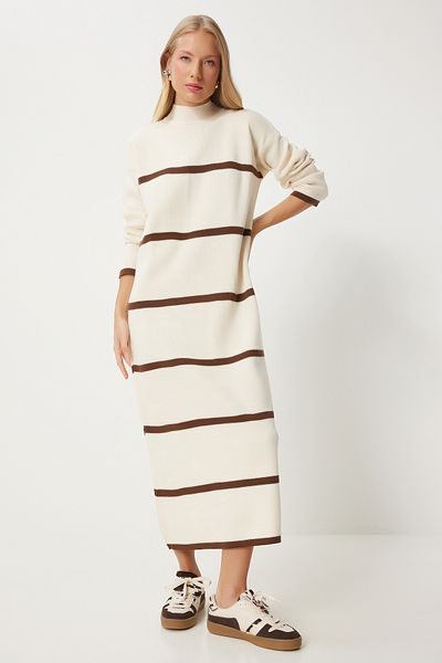 Lovelyİstanbul Cream Colored Thick Striped Knitwear Dress - Ldd0066