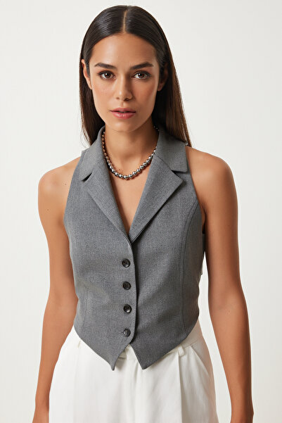 Lovelyİstanbul سترة منسوجة بياقة شال رمادي - Llv0001