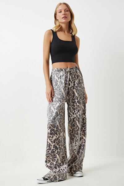 Lovelyİstanbul بنطال بالازو بطبعة جلد الفهد باللون الأسود والبيج - Lpb0001