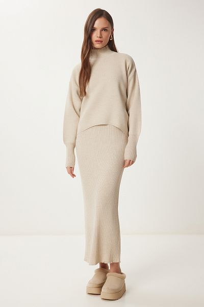 Lovelyİstanbul Beige Corded Knitwear Sweater Dress - Lkg0003