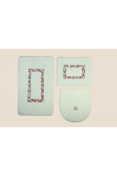 FeelHome Σετ πατάκι μπάνιου 3 τεμαχίων με πολυτελές σχέδιο λουλουδιών - Αντιολισθητική βάση Arsuz, Λευκό