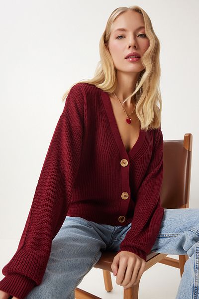 Lovelyİstanbul V-Neck Buttoned Knitwear Cardigan Claret Red Lza0009