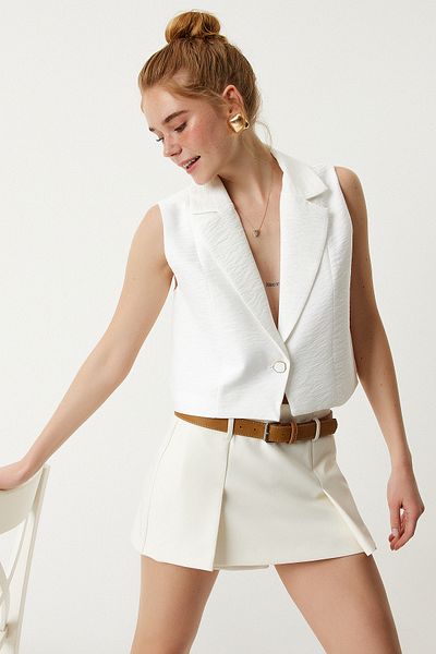 Lovelyİstanbul Shawl Collar Crop Linen Vest Ecru Lto0006