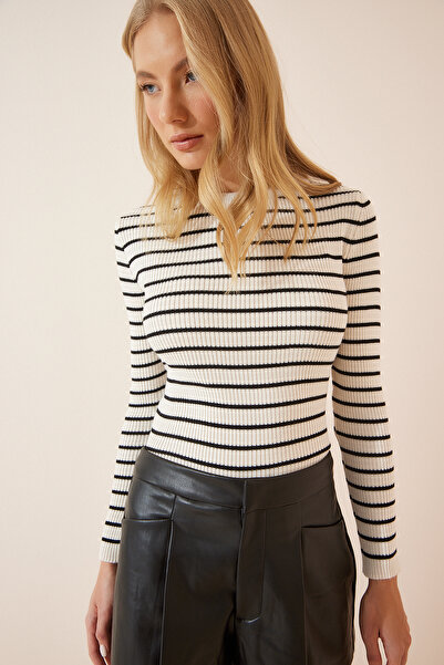 Lovelyİstanbul Ribbed Striped Lycra Knitwear Sweater - Bone Color, Lbp0003