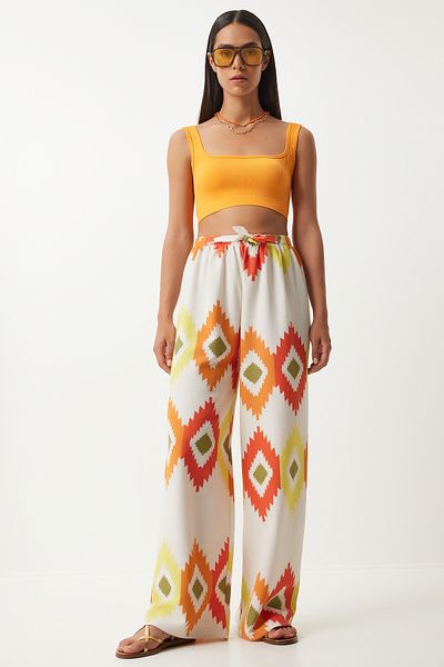 Lovelyİstanbul Linen Palazzo Pants - Floral Print, Yellow Cream, Lbh0002