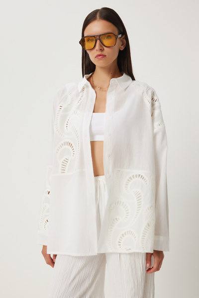 Lovelyİstanbul Λινό Πουκάμισο Δαντέλα Κεντητό - Διάτρητο EKRU LQS0008