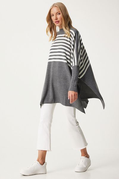 Lovelyİstanbul Gray Striped Oversize Side Slit Poncho Sweater - Ldd0031