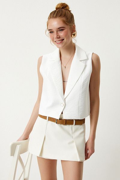 Lovelyİstanbul Shawl Collar Crop Linen Vest Ecru Lto0006