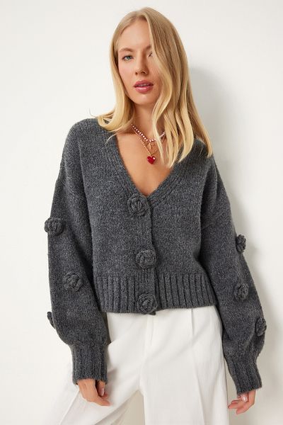 Lovelyİstanbul Pompom Flower Detailed Knitwear Cardigan Anthracite Lpf0045