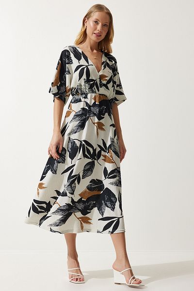 Lovelyİstanbul Ecru Black Knitted Dress - Wrap Collar and Patterned Ldk0004
