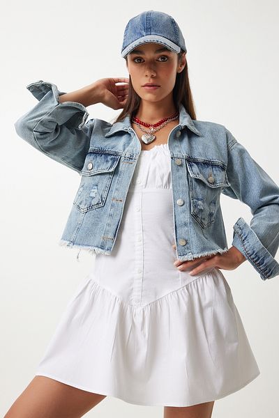 Lovelyİstanbul Jachetă Crop Denim Detaliată cu ciucuri ALBASTRU DESCHIS LRV0008