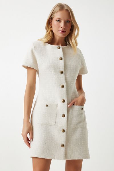 Lovelyİstanbul Pocketed Buttoned Mini Tweed Dress Bone Lkj0002