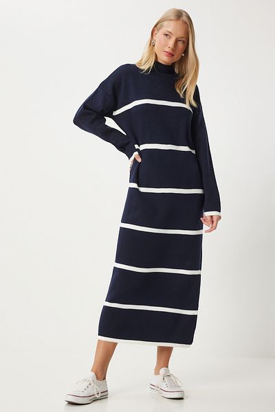 Lovelyİstanbul Navy Blue White Thick Striped Knitwear Dress - Ldd0066