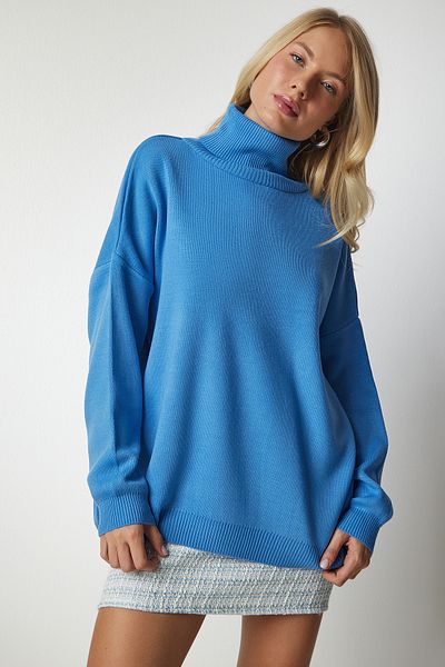 Lovelyİstanbul Pulover de tricotaj oversize cu gât albastru Lbv0011