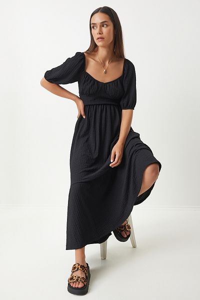 Lovelyİstanbul Rochie tricotată de vară cu decolteu în formă de inimă, neagră Lub0010
