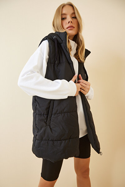 Lovelyİstanbul Vestă neagră cu glugă gonflabilă supradimensionată - Lrv0034