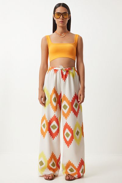 Lovelyİstanbul Linen Palazzo Pants - Floral Print, Yellow Cream, Lbh0002