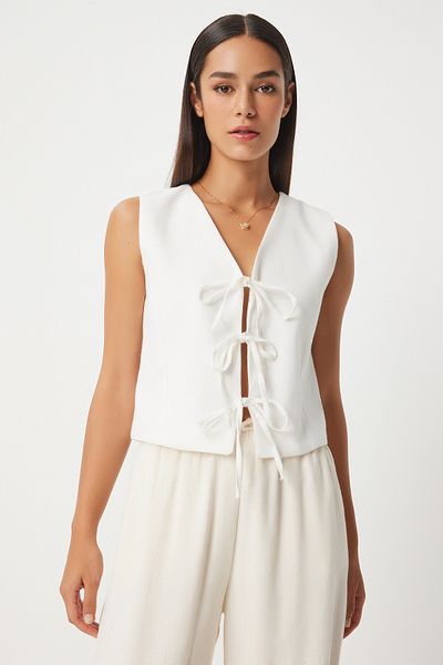 Lovelyİstanbul White Linen Vest - Bow Detail, Lgp0005