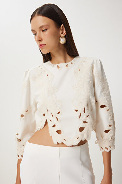 Lovelyİstanbul Ecru Poplin Crop Μπλούζα - Διάτρητη Δαντέλα Κεντημένη, Lqs0005