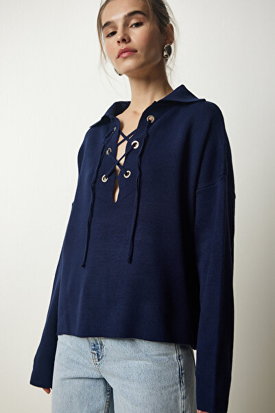 Lovelyİstanbul Navy Blue Knitwear Sweater - Lace-Up Collar, Lpf0033