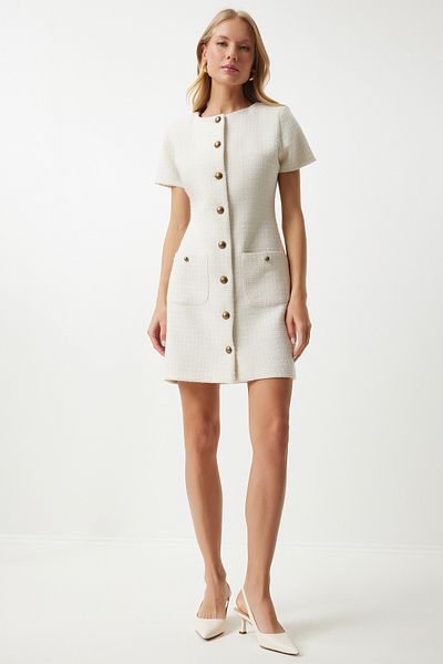 Lovelyİstanbul Pocketed Buttoned Mini Tweed Dress Bone Lkj0002