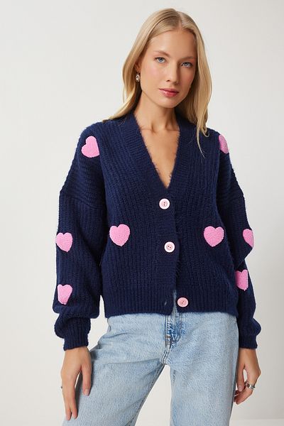 Lovelyİstanbul Cardigan tricot supradimensionat cu motiv inimă ALBASTRU ÎNCHIS LPF0050