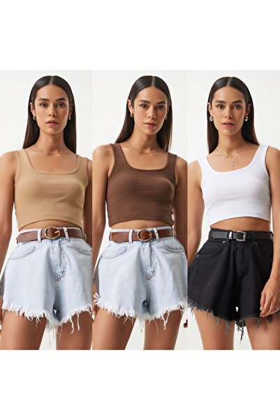 Lovelyİstanbul 3 Συσκευασία Καφέ Λευκή Crop Πλεκτή Μπλούζα - Μπισκότο με λουρ...