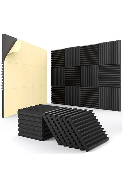 Miwayer 12 قطعة من الألواح الصوتية ذاتية اللصق باللون الأسود، 1 × 12 × 12 بوصة، ألواح جدارية عازلة للصوت سريعة الالتصاق
