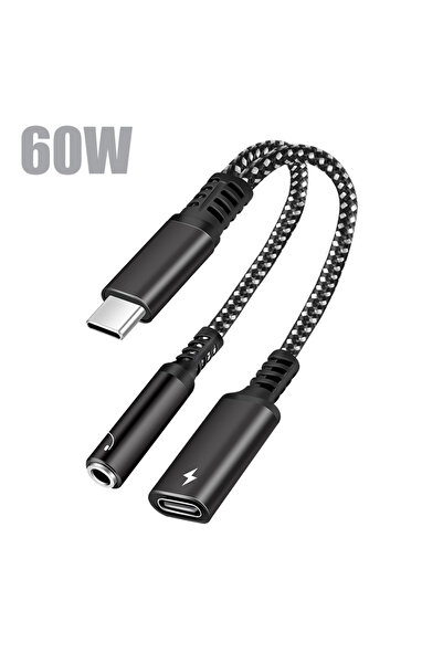 Choice Black 2in1 USB C To 3.5mm Headphone Jack Adapter Type C PD 60W Charge Audio Aux Adaptor for Ipad Pro