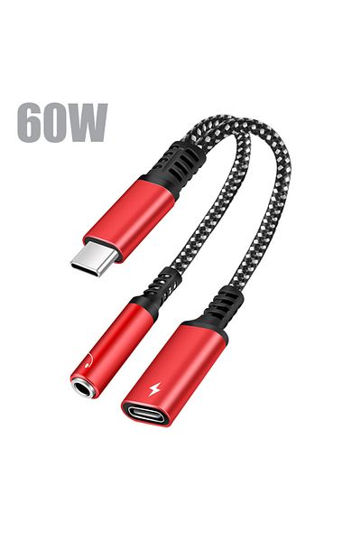 Choice محول 2 في 1 USB C إلى مقبس سماعة رأس 3.5 ملم من النوع C PD 60 وات لشحن الصوت Aux لجهاز Ipad Pro S باللون الأحمر