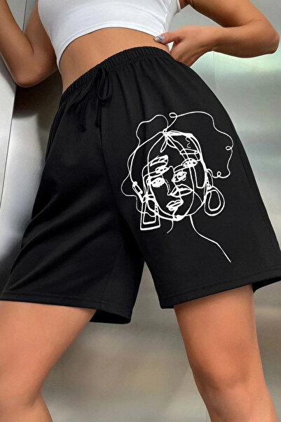 Wish BF Kadın Siyah Penye Uzun Şort Figür Baskılı