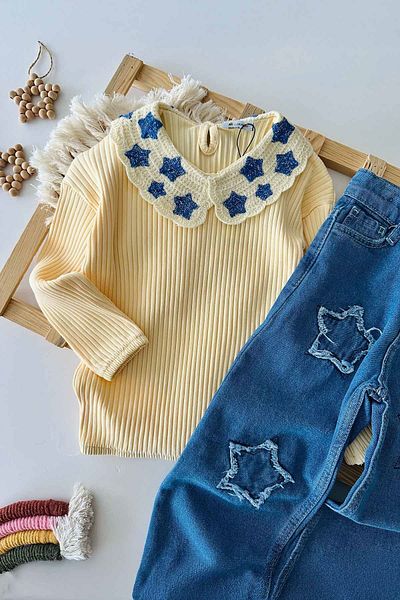 Minigimin Cicileri Star Collar Patterned Jeans - Girl's 2-Piece Set Light Yellow
