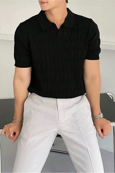 COOL TARZ Tricou pentru bărbați, negru, subțire, împletit, slim fit, cu gât polo