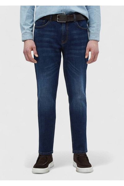 Ramsey Marineblaue, gerade, schmal geschnittene Denim-Baumwollmischungshose