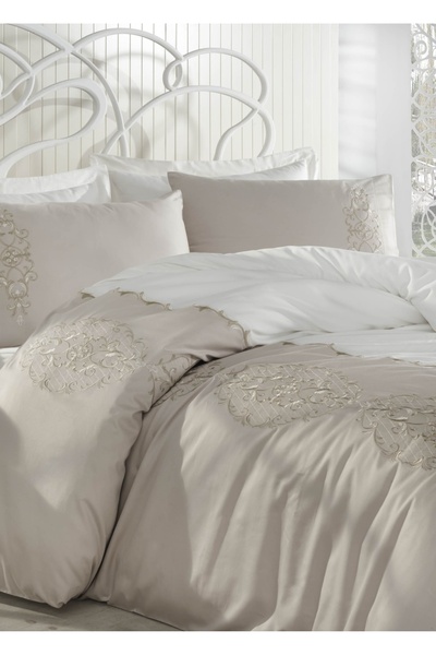 Dantela Set cuvertură de pilota din bumbac satinat cu broderie Elegance - Alb...