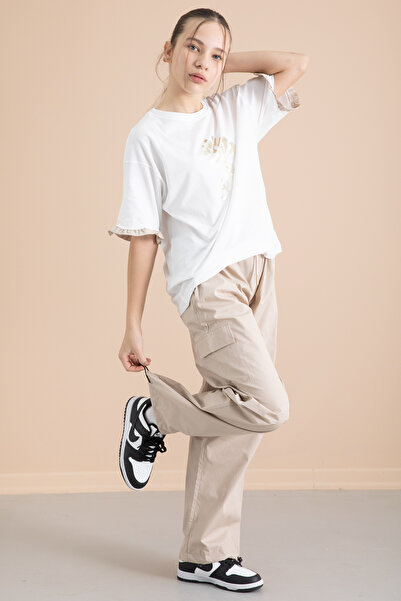 Cansın Mini Μπεζ κοριτσίστικο μπλουζάκι και παντελόνι Cargo Pocket 2 τεμαχίων 20396