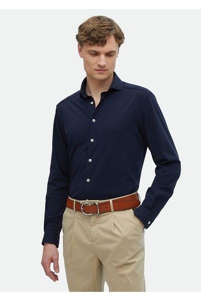 Ramsey Marineblaues, schlichtes, lässiges Strickhemd aus Baumwollmischung in normaler Passform