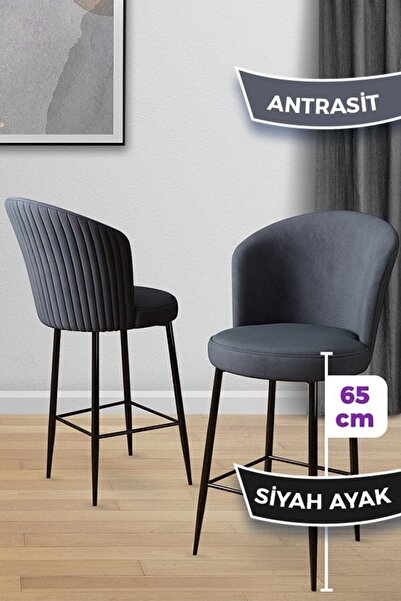 Canisa Alte Serisi 6 Antrasit Sandalye 65 Cm Ada Mutfak Bar Sandalyesi Babyface Kumaş Siyah Metal Ayaklı