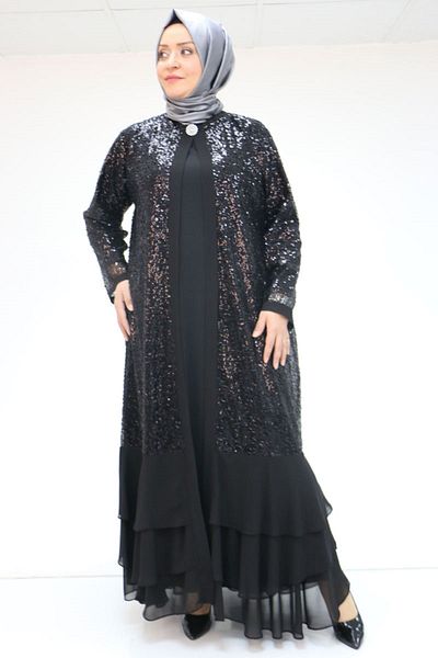 Eslina 57201 Plus Size Skirt Floor-Layer Sandy -Pul Sequin Dress - Black
