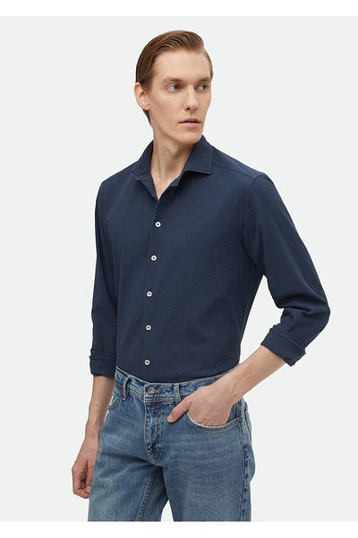 Ramsey Marineblaues, schlichtes, legeres Hemd aus Baumwollmischung mit normaler Passform