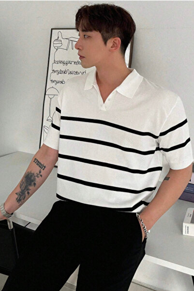 COOL TARZ Men's Buttoned Polo Neck Stripe Detailed Slim Fit Knitwear T-Shirt