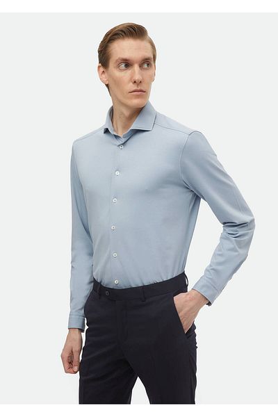 Ramsey Blaues, schlichtes, lässiges Strickhemd aus Baumwollmischung in normaler Passform