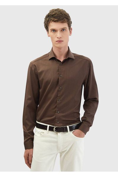 Ramsey Braunes, schlichtes Casual Fit-Hemd aus gewebter Seide
