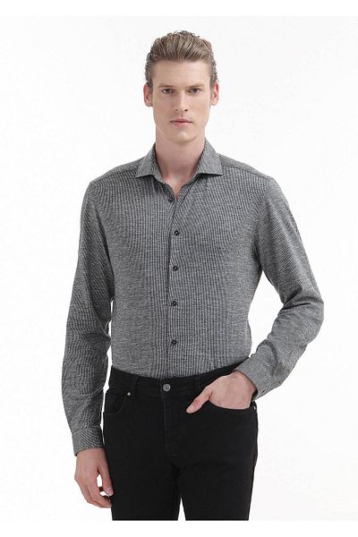 Ramsey Grau gestreiftes Slim Fit Strick-Freizeithemd aus 100 % Baumwolle