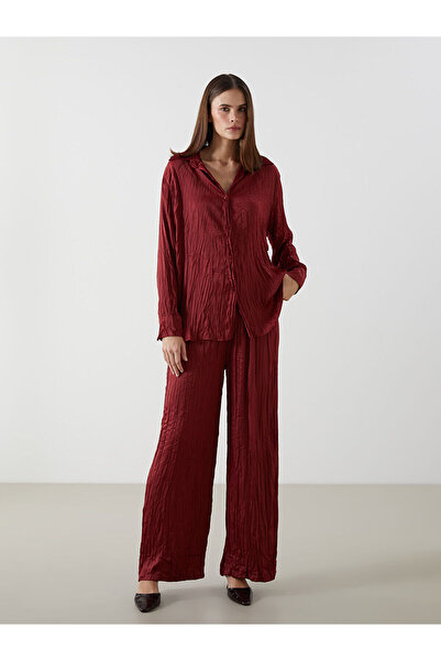 LC Waikiki Burgundy Wide Leg Women's Trousers with Elastic Waist