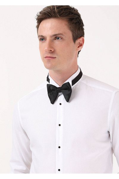 Ramsey Weißes, schlichtes Slim Fit Smokinghemd mit Kläppchenkragen und Doppelmanschette